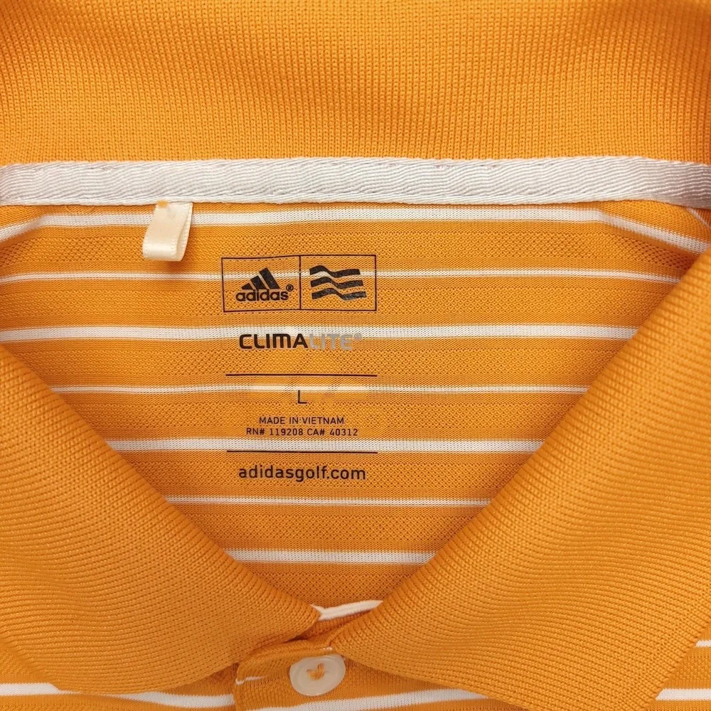 Adidas Polo Shirt Mens L Orange Stripe‎ Golf Climalite Performance Stretch Top